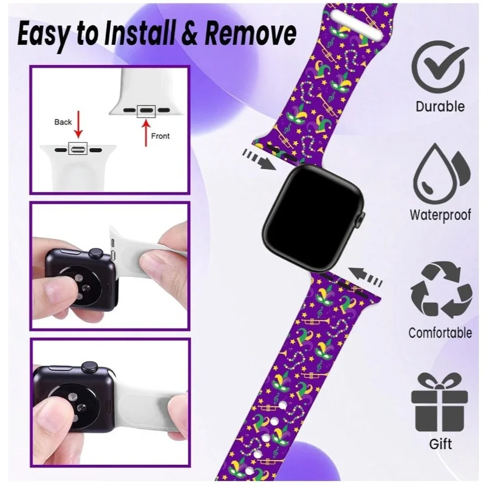Mardi Gras Carnival Silicone Apple Watch Band 42/44/45/49mm Purple Mask Pattern